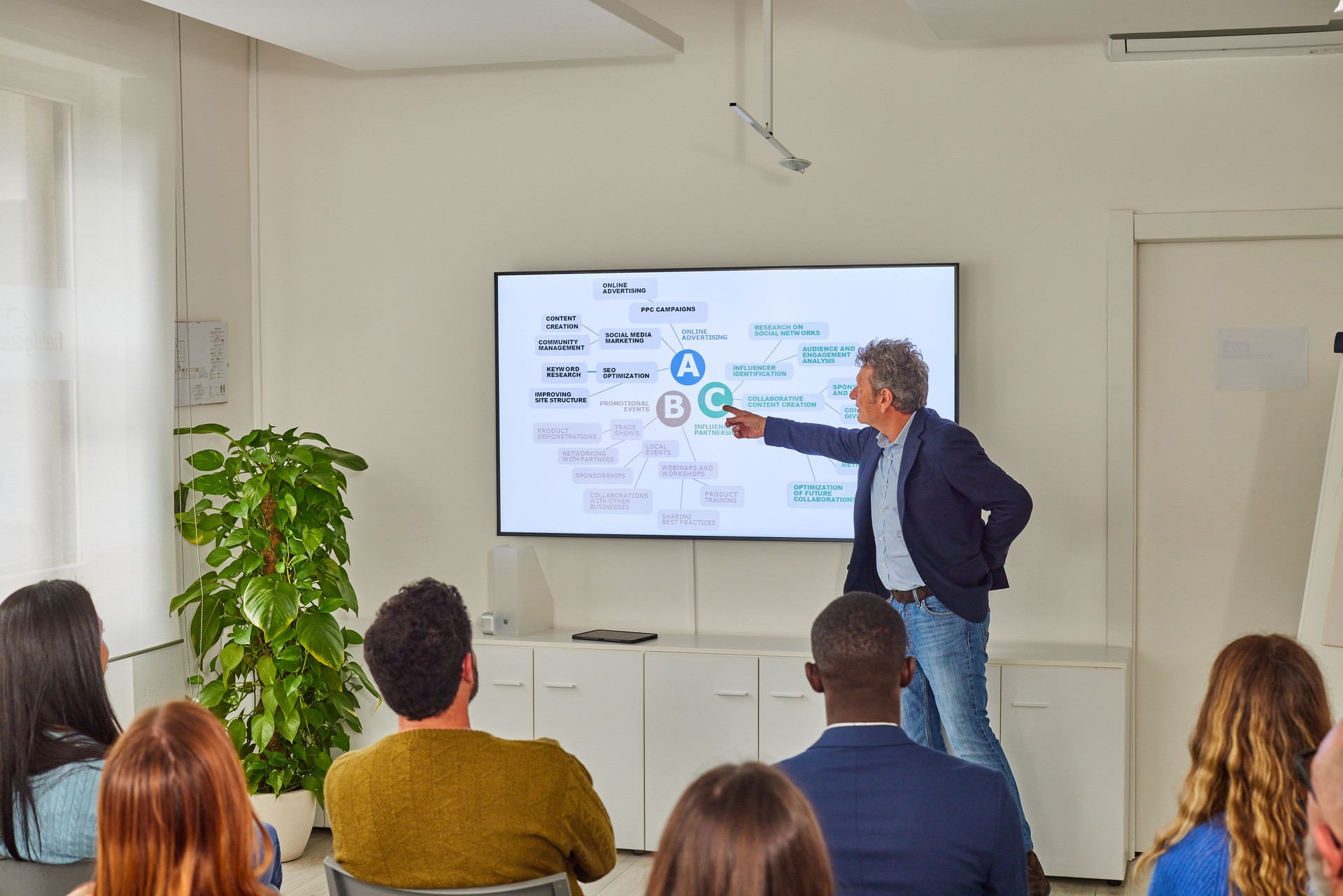 Manager explaining strategies over projector screen to colleagues